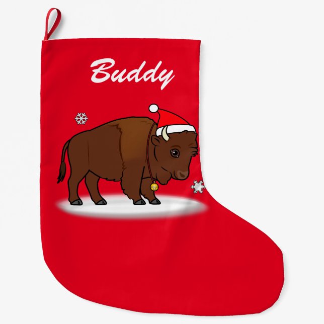 Cartoon Bison with Santa Hat Name Customizable Large Christmas Stocking (Front)