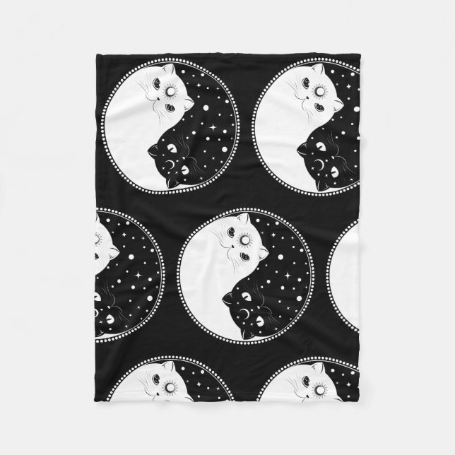 Cartoon black and white cats, yin yang sign fleece blanket (Front)