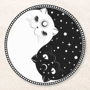 Cartoon black and white cats, yin yang sign round paper coaster