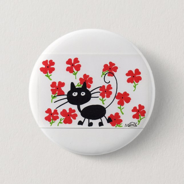 Cartoon Black Cat and red flowers 2 Inch Round Button (Front)