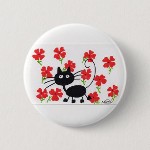 Cartoon Black Cat and red flowers 2 Inch Round Button