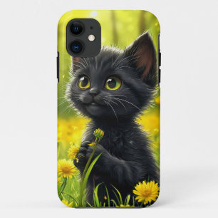 Cartoon Black Kitten with Dandelion Cute Animal iPhone 11 Case