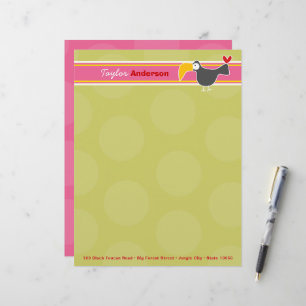 Cartoon Black Toucan Bird Green Dots Kids Children Letterhead