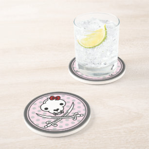 Cartoon Black White Jolly Kitty Pirate Skull Bones Coaster