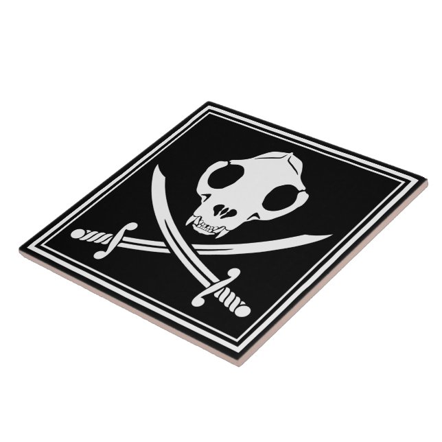 Cartoon Black White Jolly Kitty Pirate Skull Bones Tile (Side)