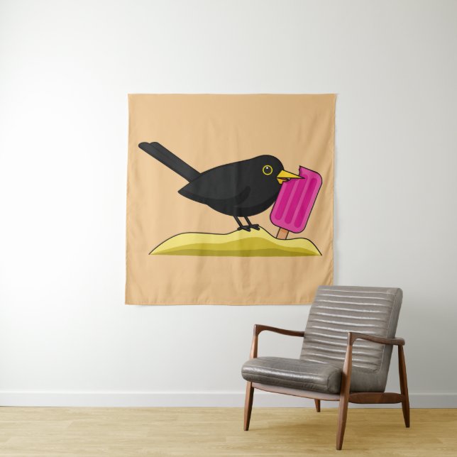 Cartoon Blackbird Eating A Ice Cream Tapestry (In Situ)