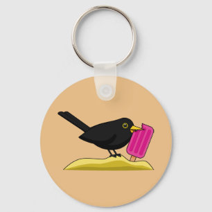 Cartoon Blackbird Eating An Ice Cream Keychain