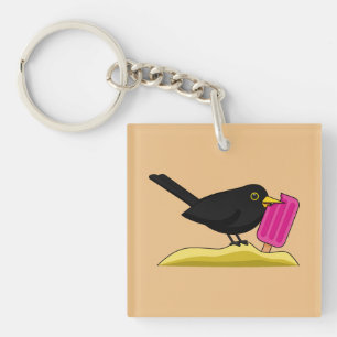 Cartoon Blackbird Eating An Ice Cream Keychain
