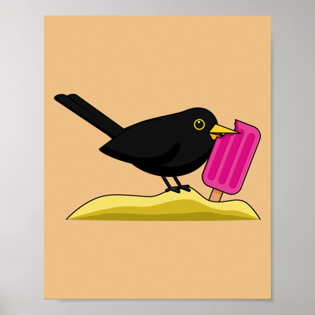 Cartoon Blackbird Eating An Ice Cream Poster (Front)