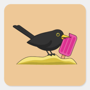 Cartoon Blackbird Eating An Ice Cream Square Sticker