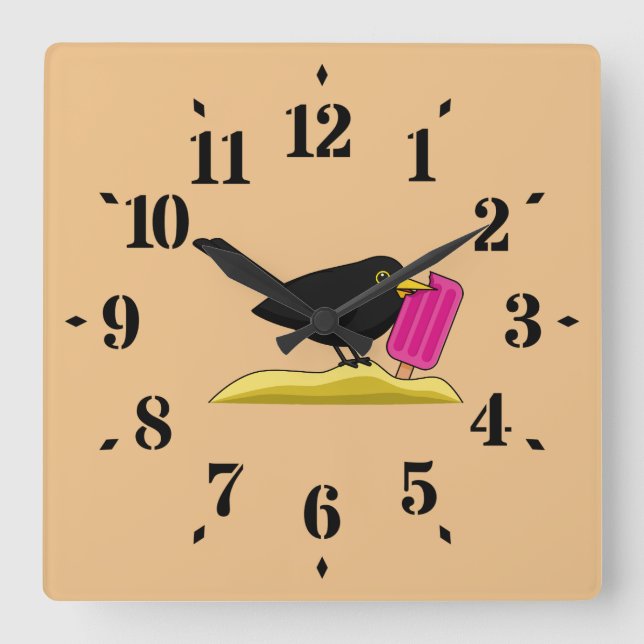 Cartoon Blackbird Eating An Ice Cream Square Wall Clock (Front)