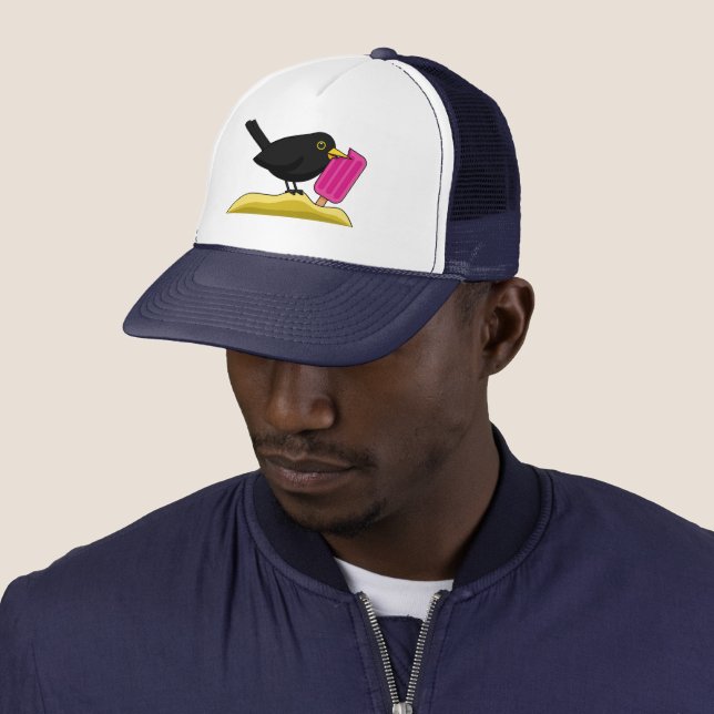 Cartoon Blackbird Eating An Ice Cream Trucker Hat (In Situ)
