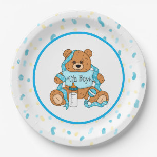 Cartoon blue and yellow Teddy Bear Baby Shower Pap Paper Plate