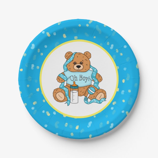 Cartoon blue and yellow Teddy Bear Baby Shower Pap Paper Plate (Front)