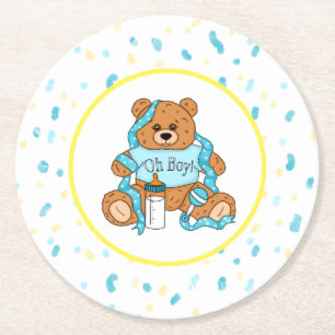 Cartoon blue and yellow Teddy Bear Baby Shower  Round Paper Coaster