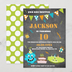Cartoon Blue Green Monster Custom Text Birthday Invitation