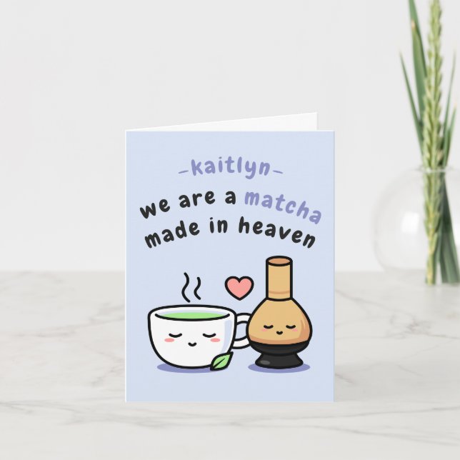 Cartoon Blue Matcha Teacup Name Anniversary Card (Front)