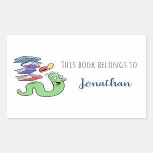 Cartoon Bookworm Bookplate With Custom Name Sticker