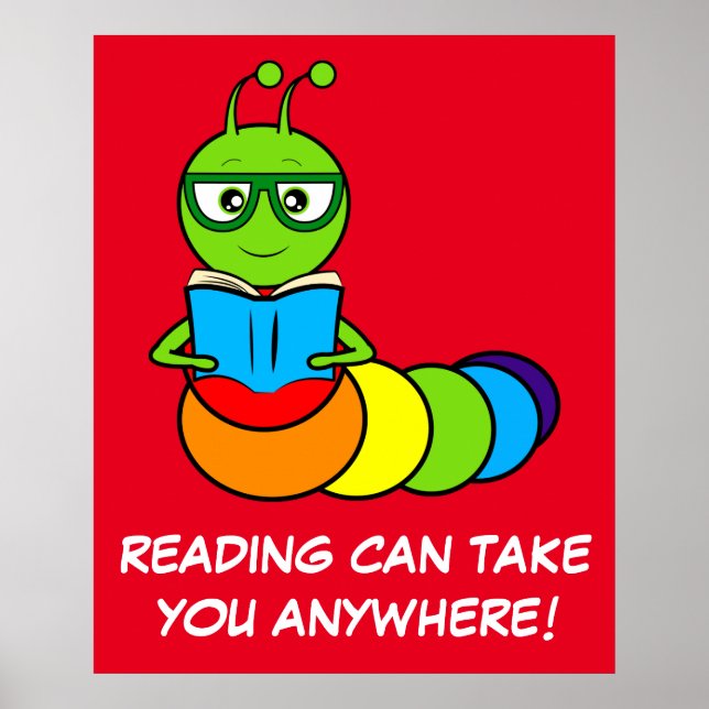 Cartoon Bookworm with Book and Glasses Poster (Front)