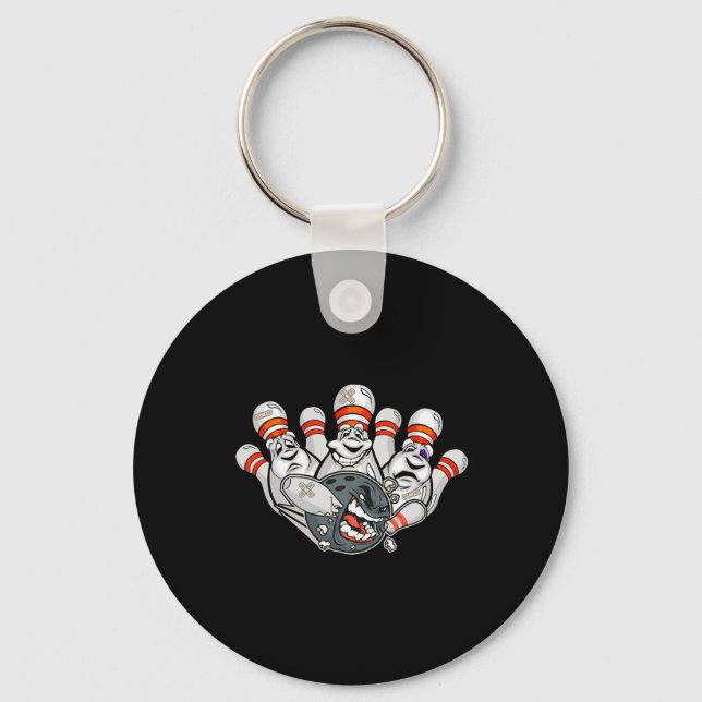 Cartoon Bowler Scared Bowling Pins Funny Sport Hal Keychain (Front)
