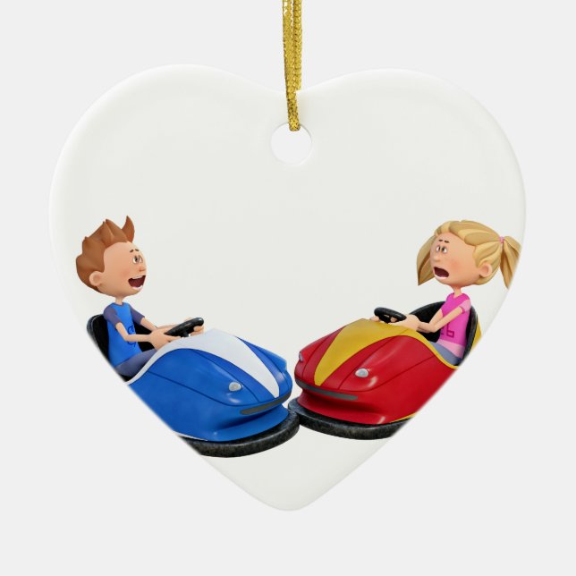 Cartoon boy and girl in Bumper Cars Ceramic Ornament (Front)