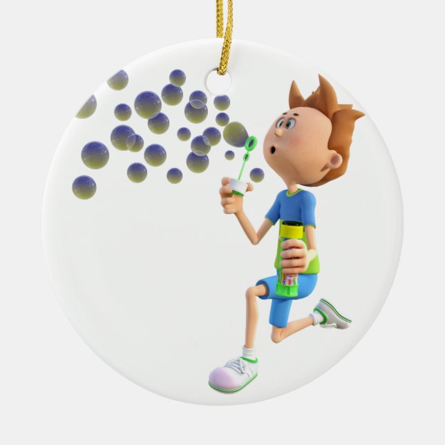 Cartoon boy blowing bubbles ceramic ornament (Front)