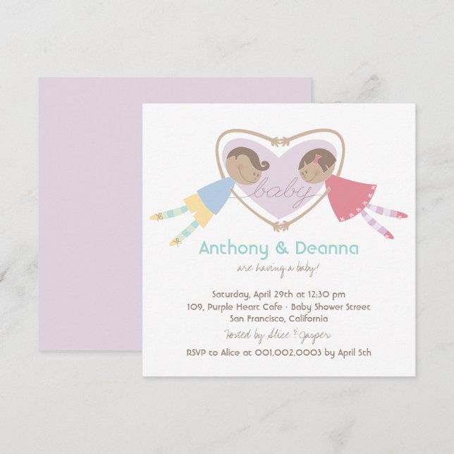 Cartoon Boy Hearts Girl Love Couples Baby Shower Invitation (Front/Back)