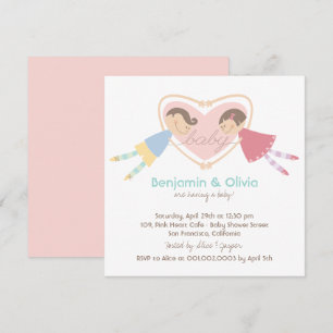 Cartoon Boy Hearts Girl Love Couples Baby Shower Invitation