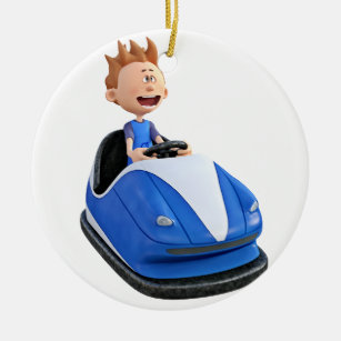 Cartoon boy in a bumper car ceramic ornament