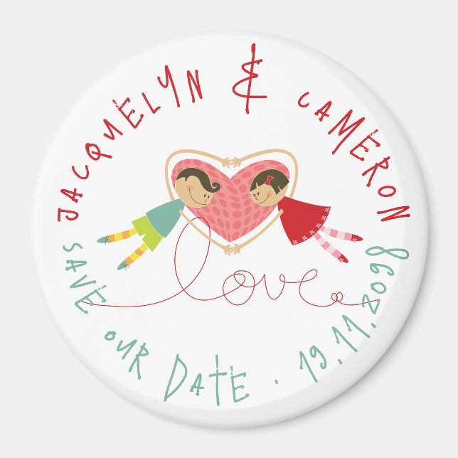 Cartoon Boy Loves Girl Holding Hands Save The Date Magnet (Front)