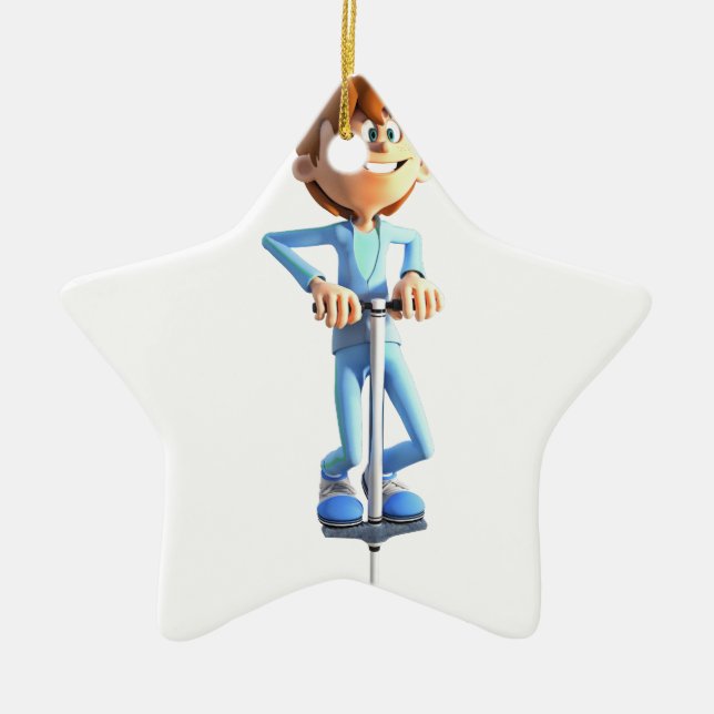 Cartoon Boy on a Pogo Stick Ceramic Ornament (Front)