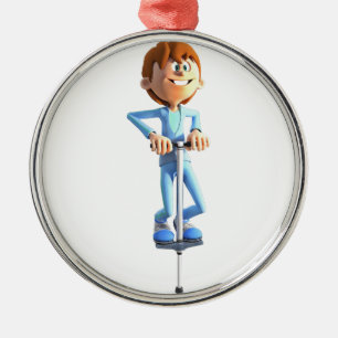 Cartoon Boy on a Pogo Stick Metal Ornament