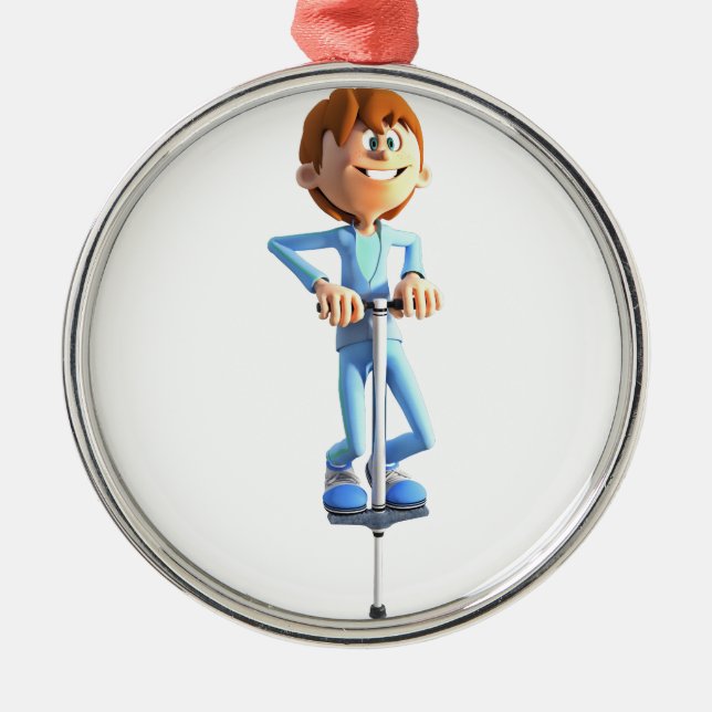 Cartoon Boy on a Pogo Stick Metal Ornament (Front)