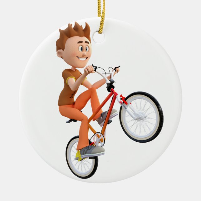 Cartoon Boy on Bike Doing A Wheelie Ceramic Ornament (Front)