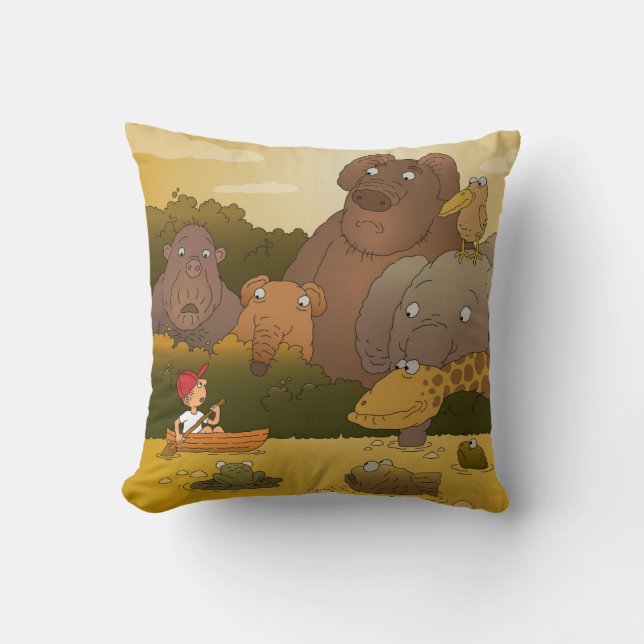 Cartoon Boy Tropical Jungle Animal Throw Pillow (Front)