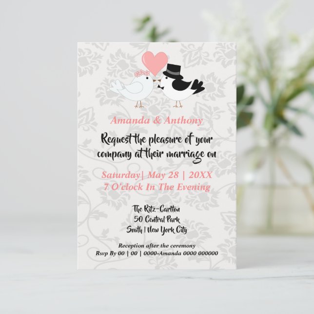 Cartoon Bride and Groom Birds Invitation (Standing Front)