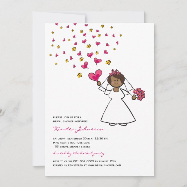 Cartoon Bride Fuchsia Hearts Flowers Bridal Shower Invitation (Front)