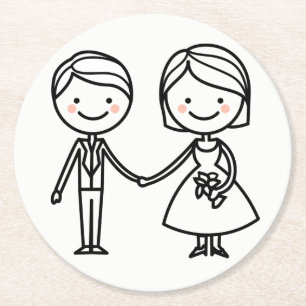 Cartoon Bride & Groom Black And White Wedding Round Paper Coaster