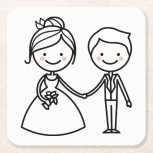 Cartoon Bride & Groom Black And White Wedding Square Paper Coaster