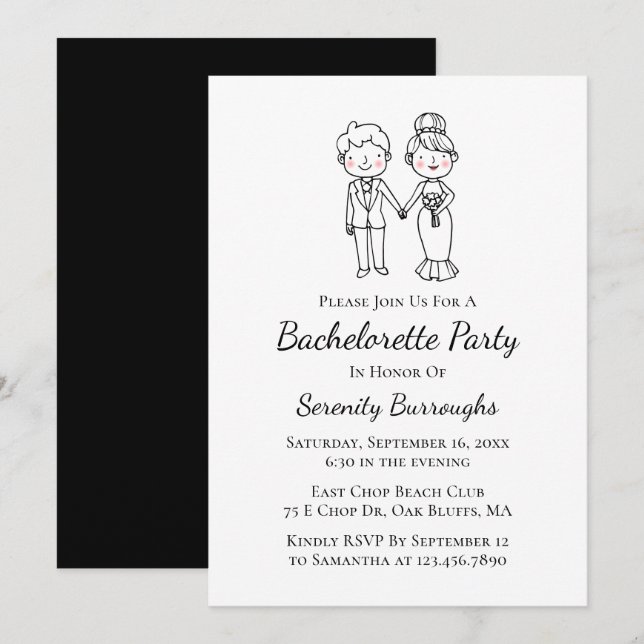 Cartoon Bride Groom Black Bachelorette Party Invitation (Front/Back)