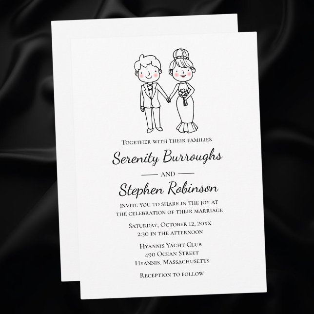Cartoon Bride Groom Black White Whimsical Wedding  Invitation (Creator Uploaded)