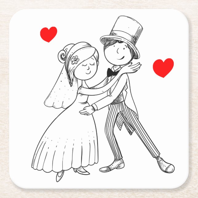 Cartoon Bride & Groom Dancing Wedding Just Married Square Paper Coaster (Front)