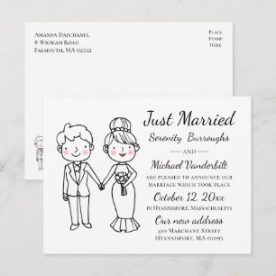 Cartoon Bride Groom Just Married Wedding  Announcement Postcard