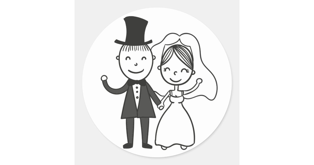 Cartoon Bride & Groom Just Married Wedding Classic Round Sticker | Zazzle.ca