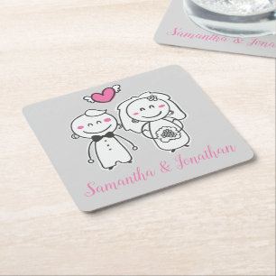 Cartoon Bride & Groom Pink & Grey Wedding Bridal Square Paper Coaster