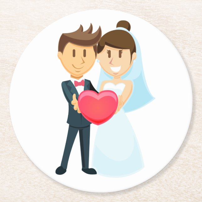 Cartoon Bride & Groom Red Heart Wedding Round Paper Coaster (Front)