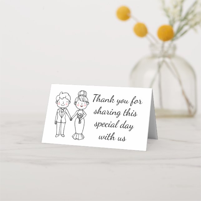 Cartoon Bride Groom Thank You Black White Wedding  Place Card (Front)