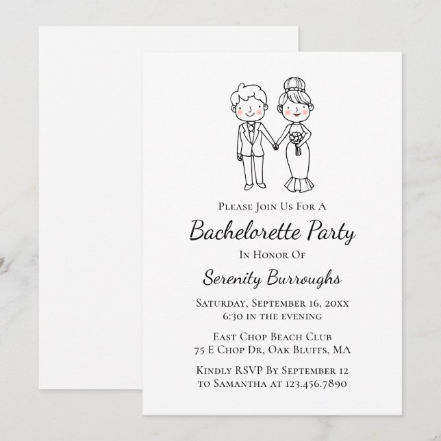 Cartoon Bride Groom Whimsical Bachelorette Party Invitation (Front/Back)