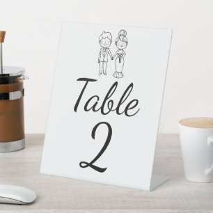 Cartoon Bride Groom Whimsical Wedding Table Number Pedestal Sign