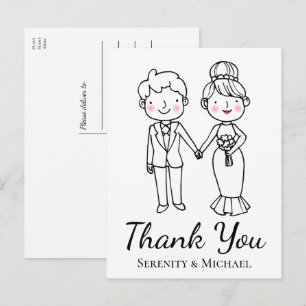 Cartoon Bride Groom Whimsical Wedding Thank You Postcard